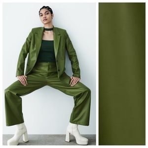 NWT. Zara Olive Green Faux Leather Full Length High Waist Trousers. Size S.